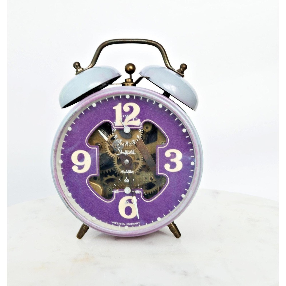 Vintage 1960s Sheffield Twin Bell Alarm Clock Purple Blue West Germany MCM Decor